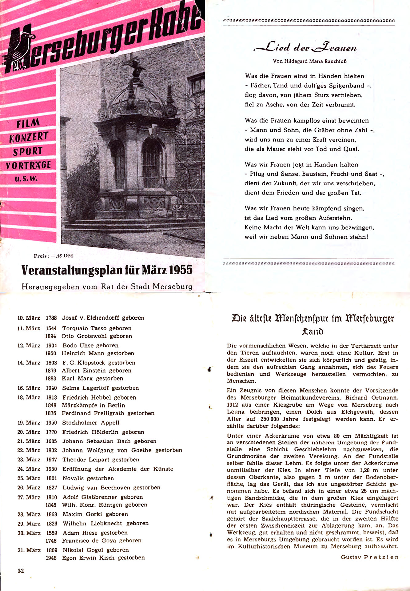 Veranstaltungsplan für März 1955 - Pretzien, Gustav